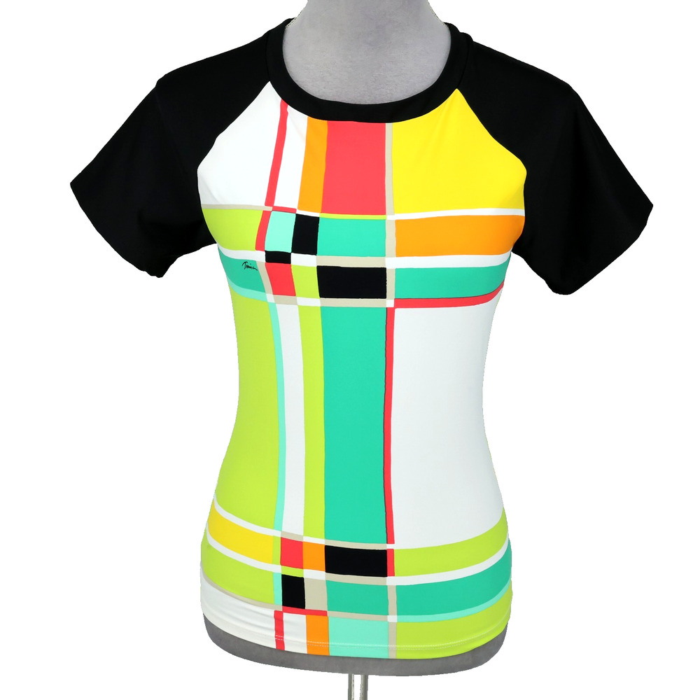 Trina Turk Top Womens XS Black White Print Stretch Knit Blouse Wrong Size Tag